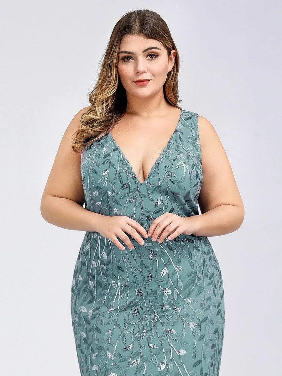 Plus Size Women's Double V-Neck Fishtail Seuqin Evening Dress