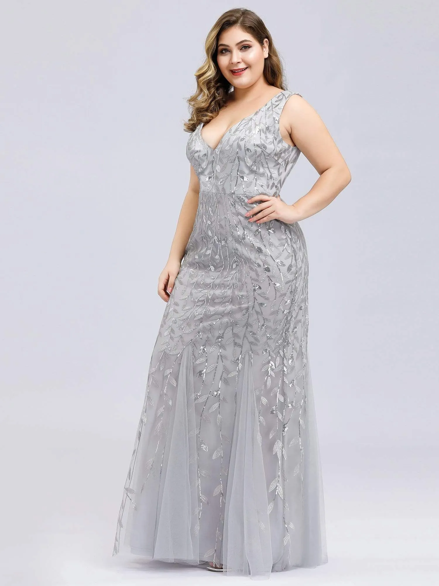 Plus Size Women's Double V-Neck Fishtail Seuqin Evening Dress