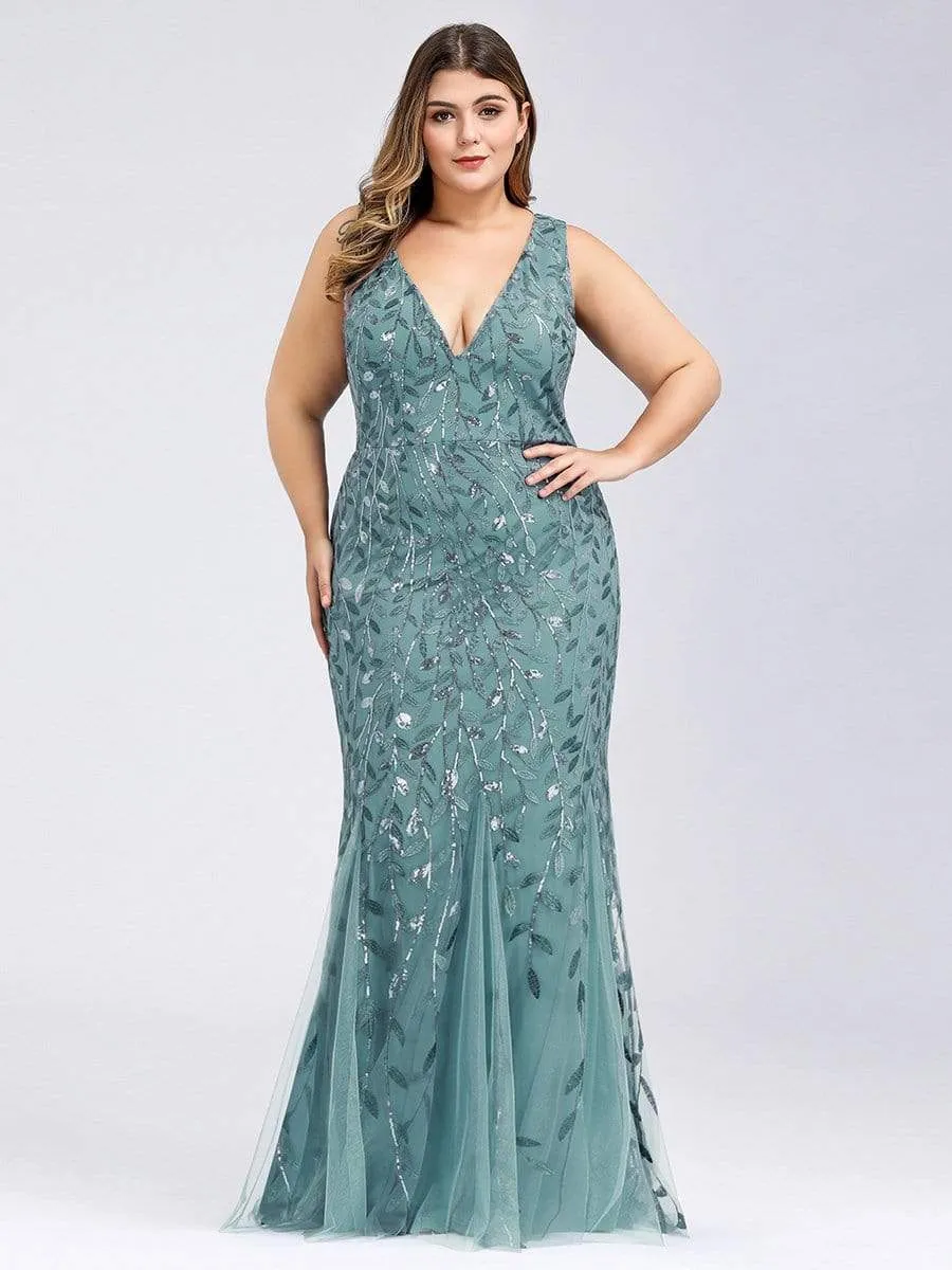 Plus Size Women's Double V-Neck Fishtail Seuqin Evening Dress