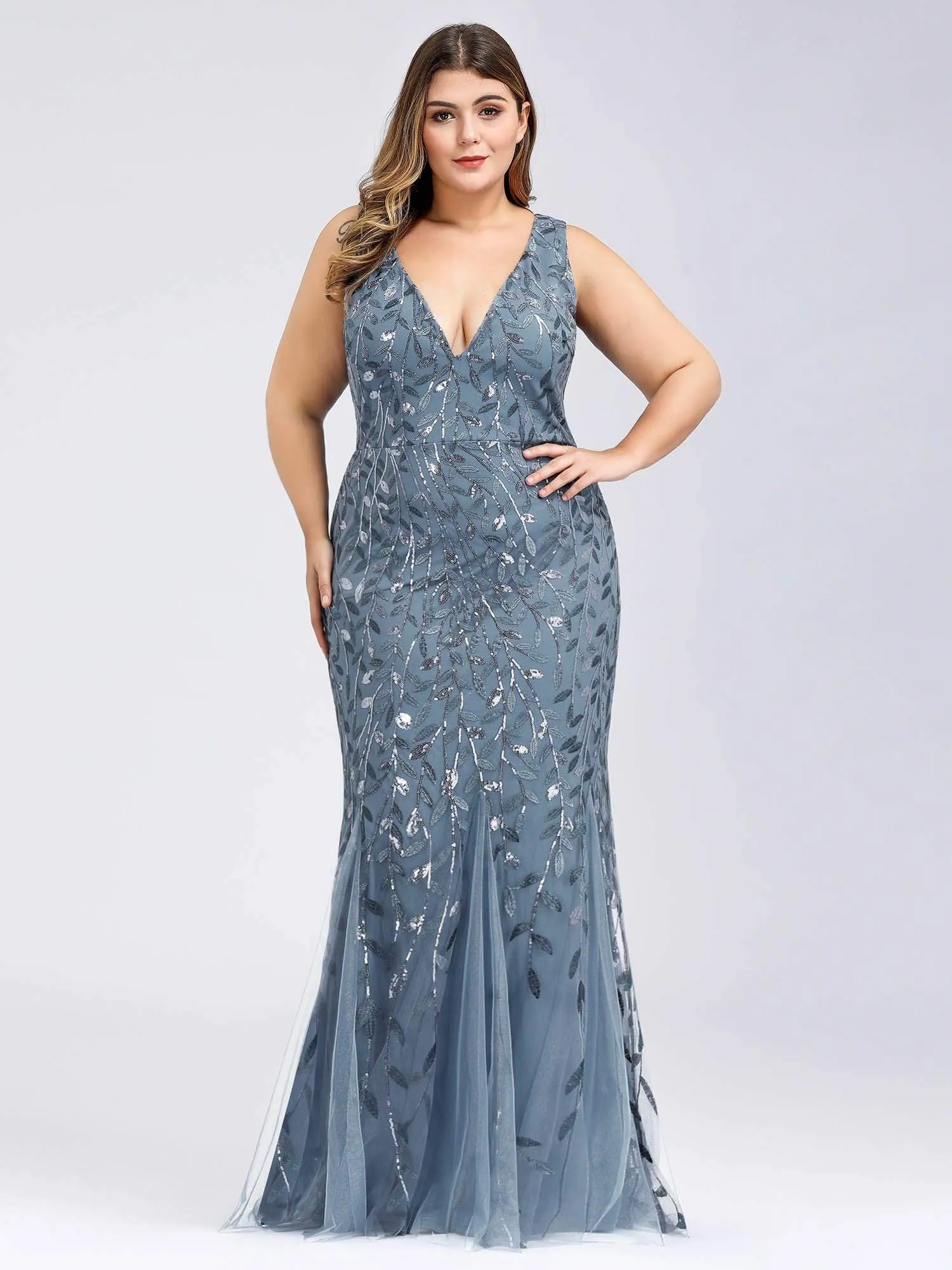 Plus Size Women's Double V-Neck Fishtail Seuqin Evening Dress