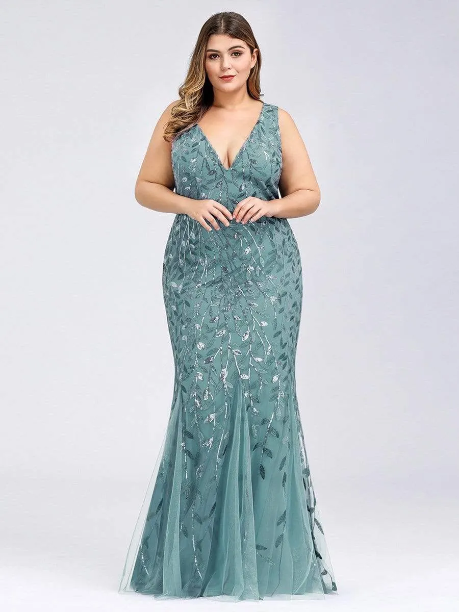 Plus Size Women's Double V-Neck Fishtail Seuqin Evening Dress