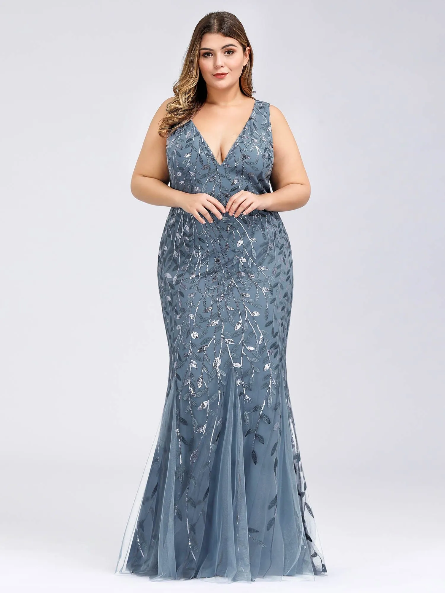 Plus Size Women's Double V-Neck Fishtail Seuqin Evening Dress