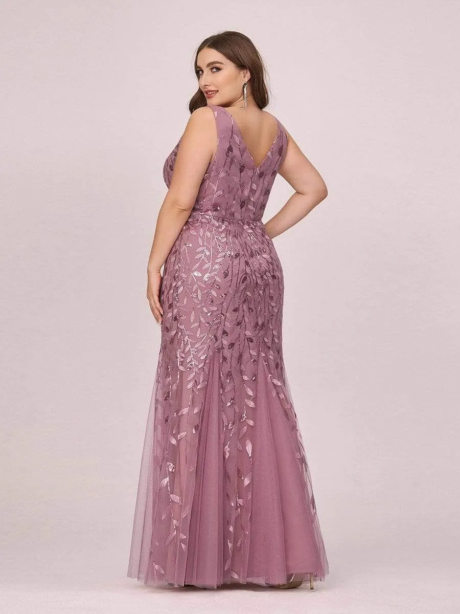 Plus Size Women's Double V-Neck Fishtail Seuqin Evening Dress