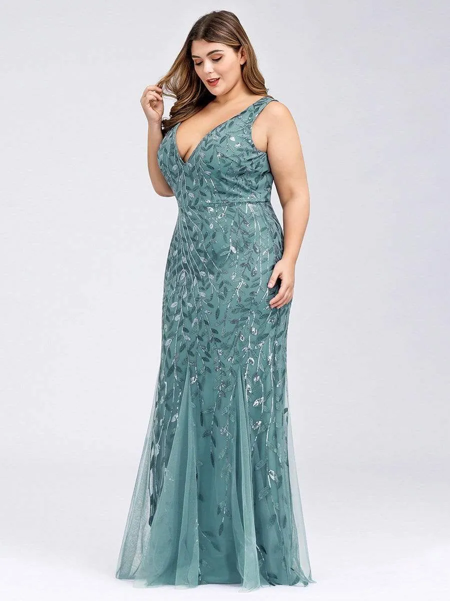 Plus Size Women's Double V-Neck Fishtail Seuqin Evening Dress