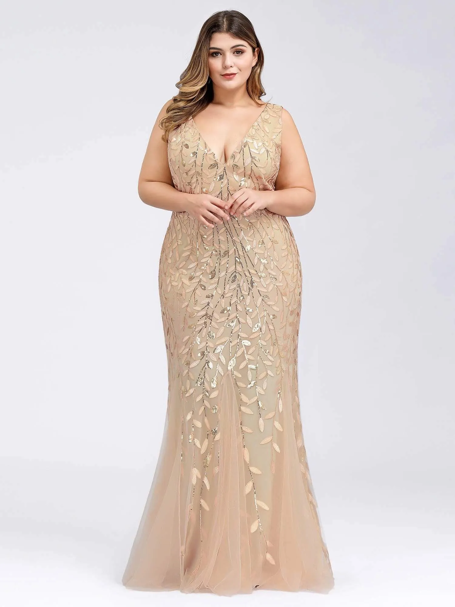 Plus Size Women's Double V-Neck Fishtail Seuqin Evening Dress