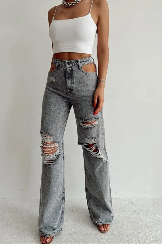 PZ728 Ripped Cut Out Mid Waisted Jeans