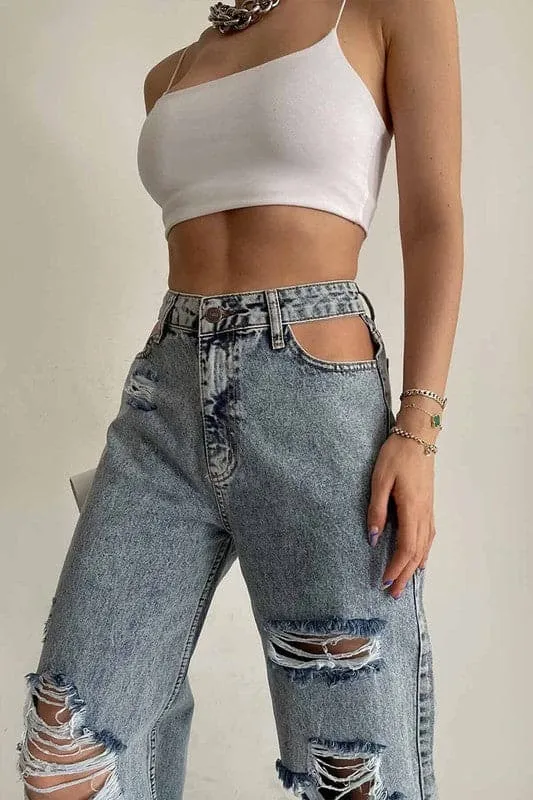 PZ728 Ripped Cut Out Mid Waisted Jeans