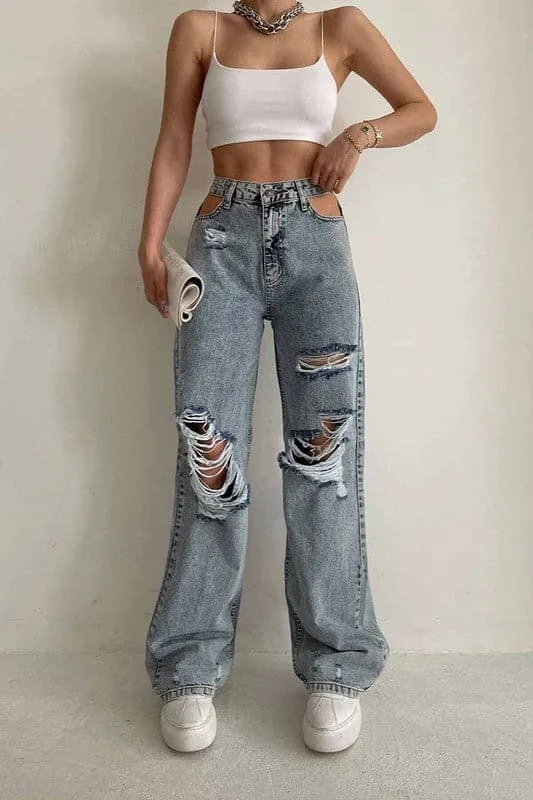 PZ728 Ripped Cut Out Mid Waisted Jeans