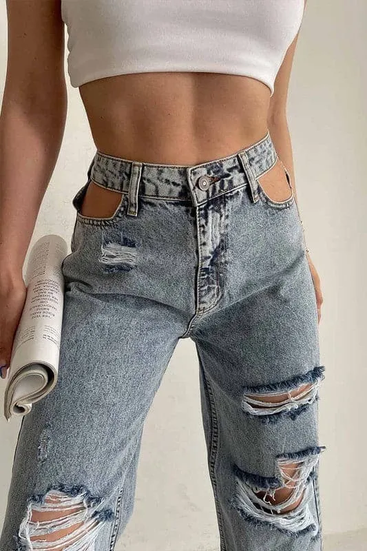 PZ728 Ripped Cut Out Mid Waisted Jeans