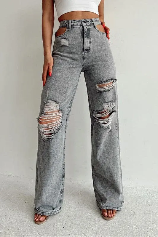 PZ728 Ripped Cut Out Mid Waisted Jeans