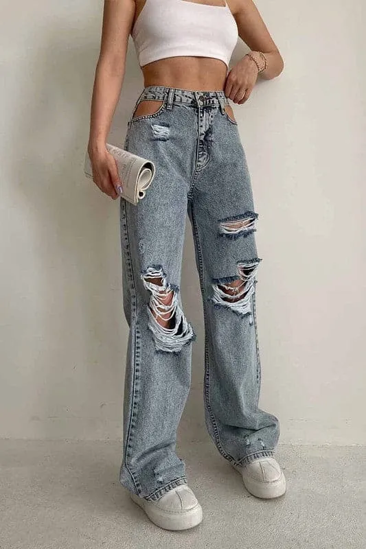 PZ728 Ripped Cut Out Mid Waisted Jeans