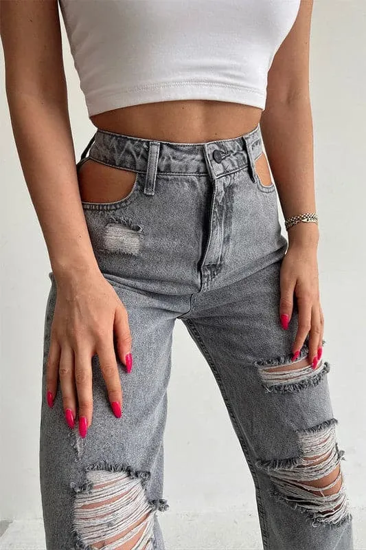 PZ728 Ripped Cut Out Mid Waisted Jeans