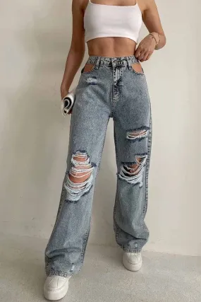 PZ728 Ripped Cut Out Mid Waisted Jeans