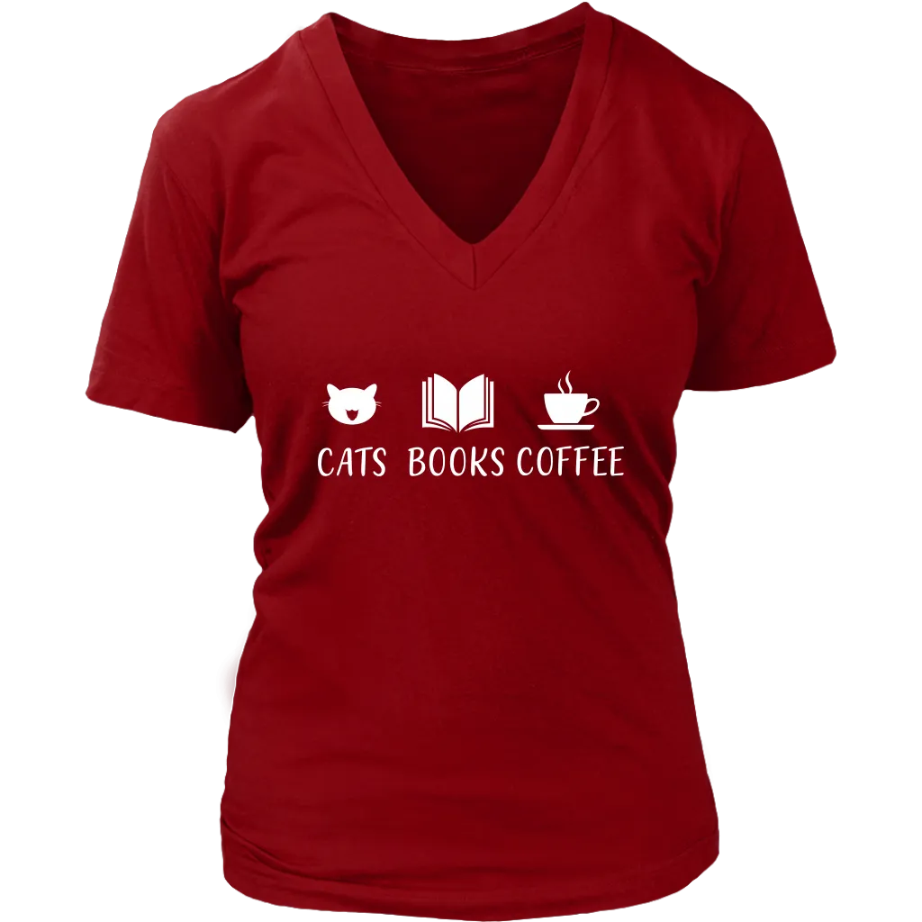 "Cats Books Coffee" V-neck Tshirt