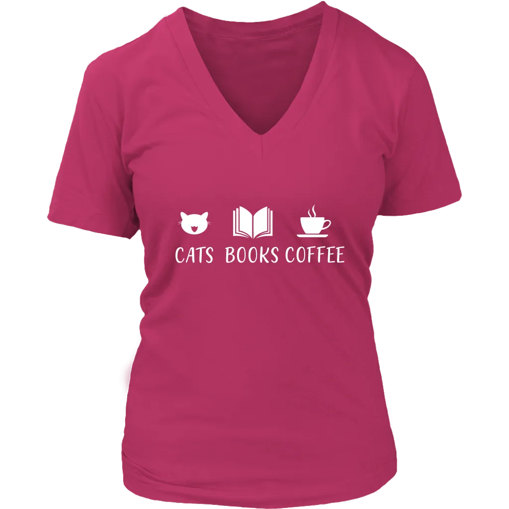 "Cats Books Coffee" V-neck Tshirt