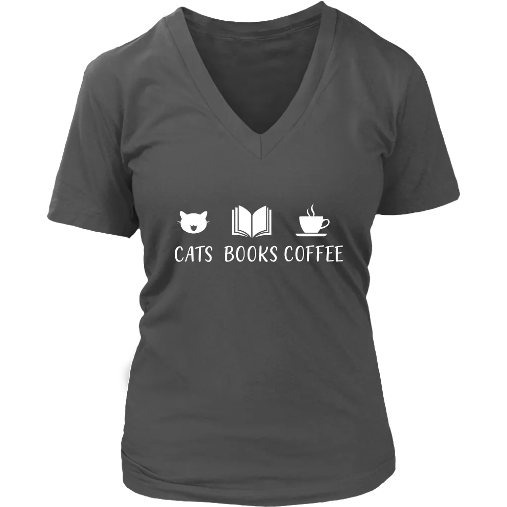 "Cats Books Coffee" V-neck Tshirt