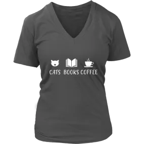 "Cats Books Coffee" V-neck Tshirt