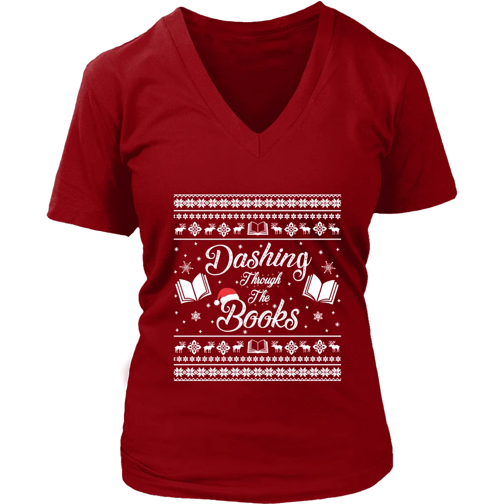 "Dashing Through The Books" V-neck Tshirt