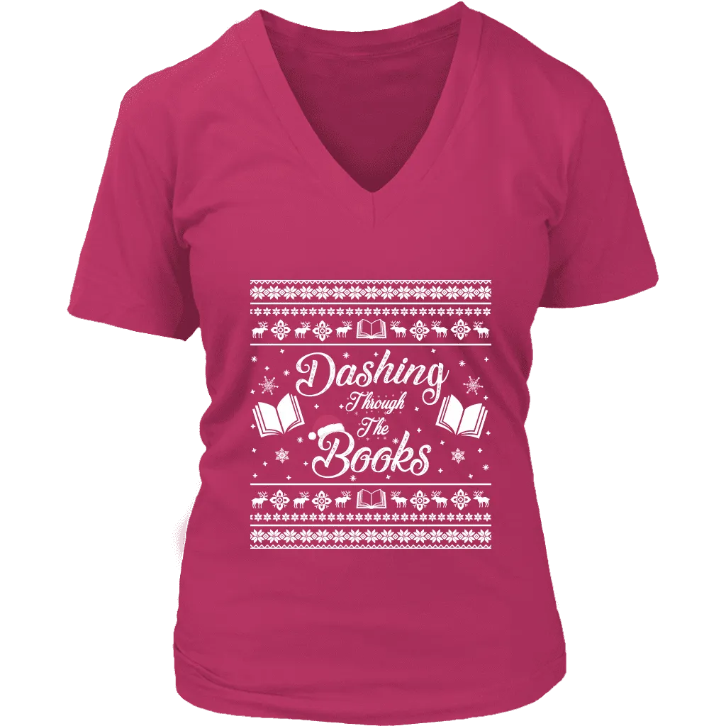 "Dashing Through The Books" V-neck Tshirt