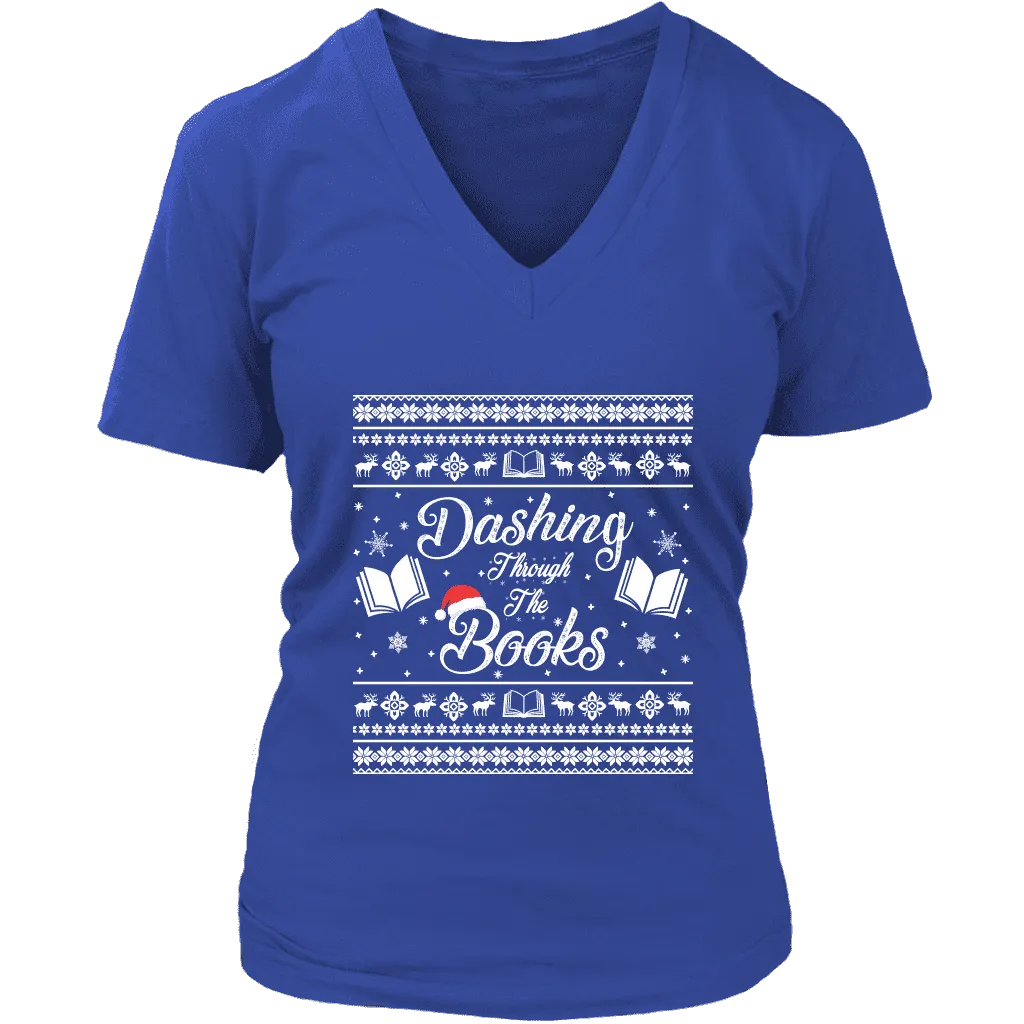 "Dashing Through The Books" V-neck Tshirt