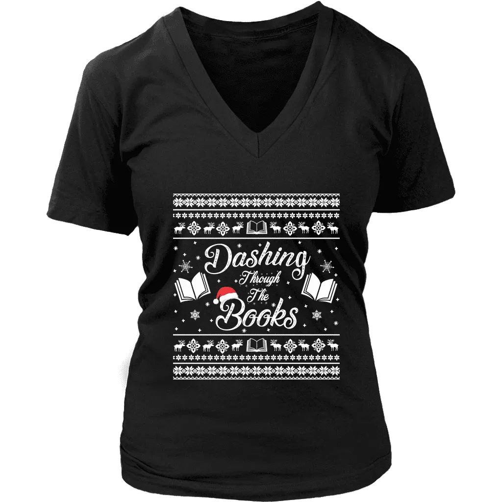 "Dashing Through The Books" V-neck Tshirt