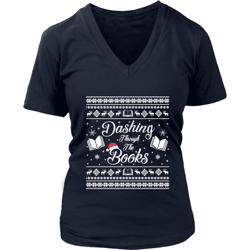 "Dashing Through The Books" V-neck Tshirt