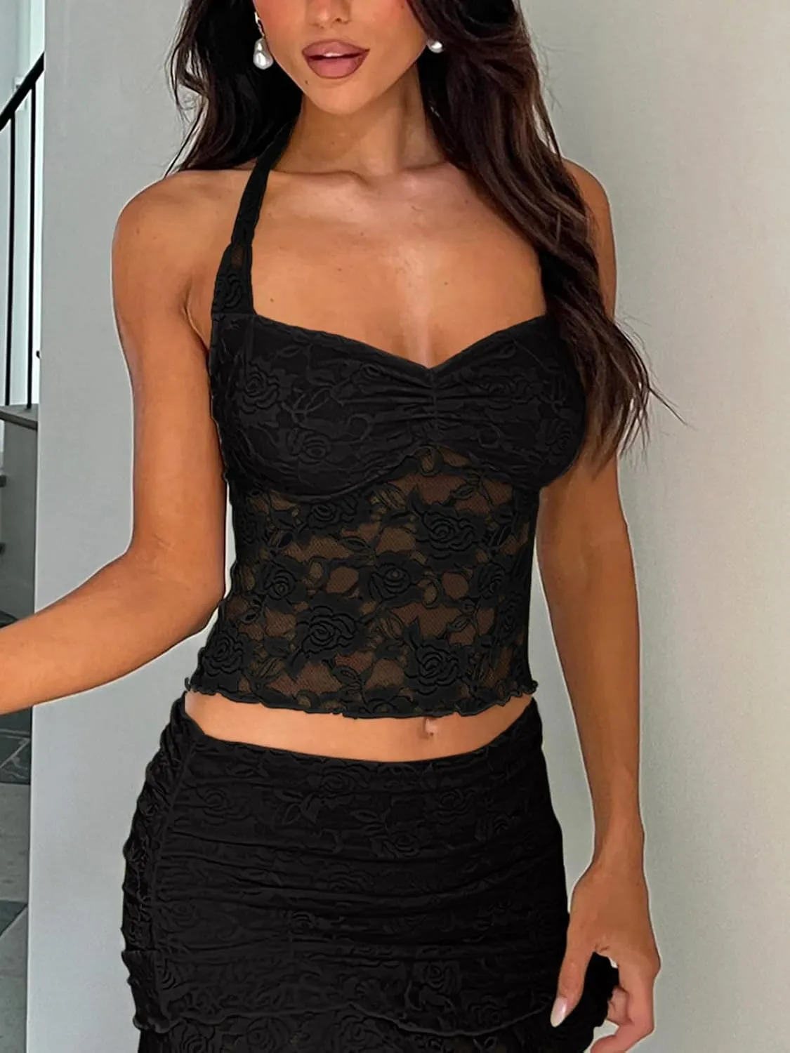 REORIA Lace Tops for Women Halter Sexy Going Out Tank Crop Y2K Fashion Top 2025 Trendy