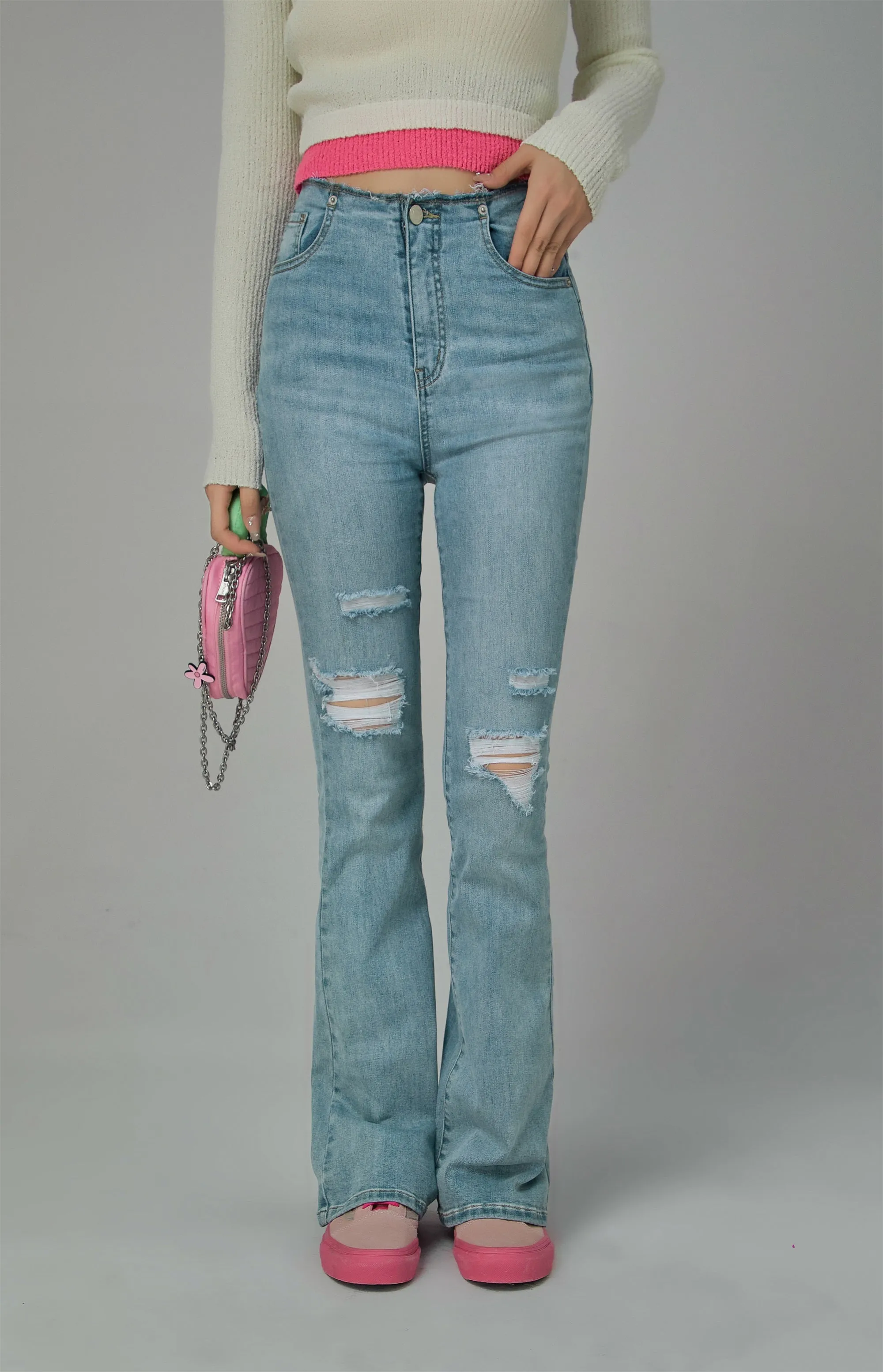 Ripped High-Wait Bootcut Jeans