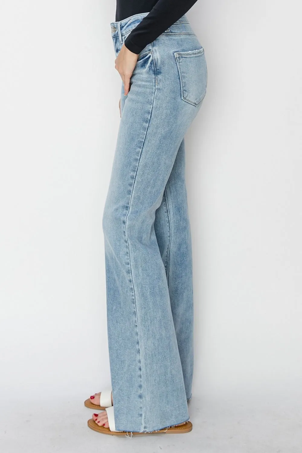 RISEN High Rise Raw Cut Hem Blue Denim Bootcut Jeans