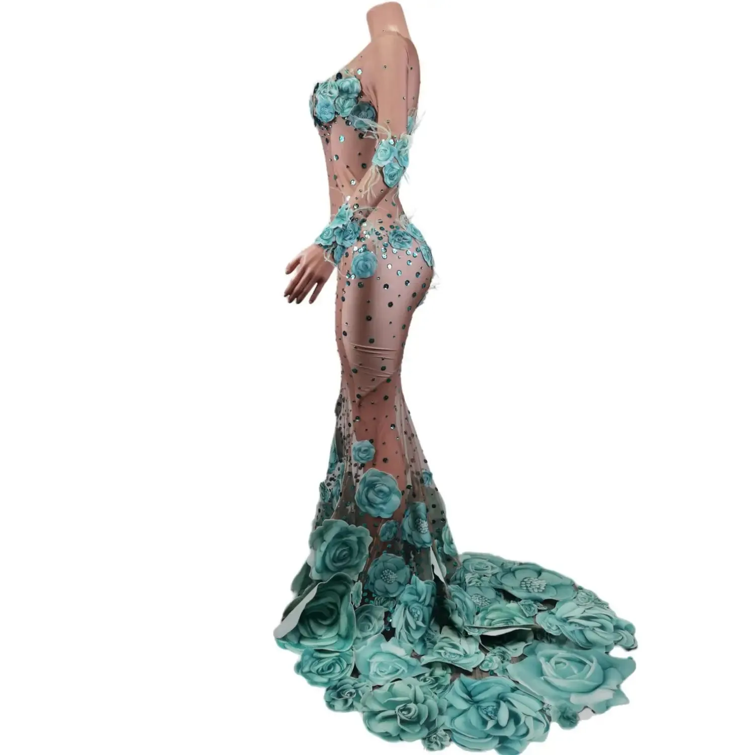 Sheer Mermaid Flower Mesh Maxi  Prom Dresses