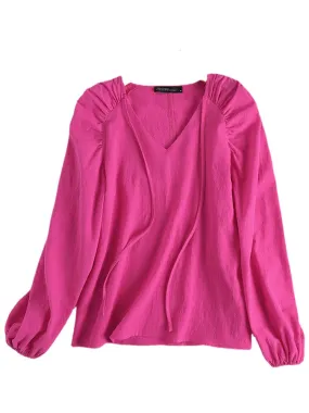 Solid Ruched Knotted Puff Long Sleeve V-neck Blouse