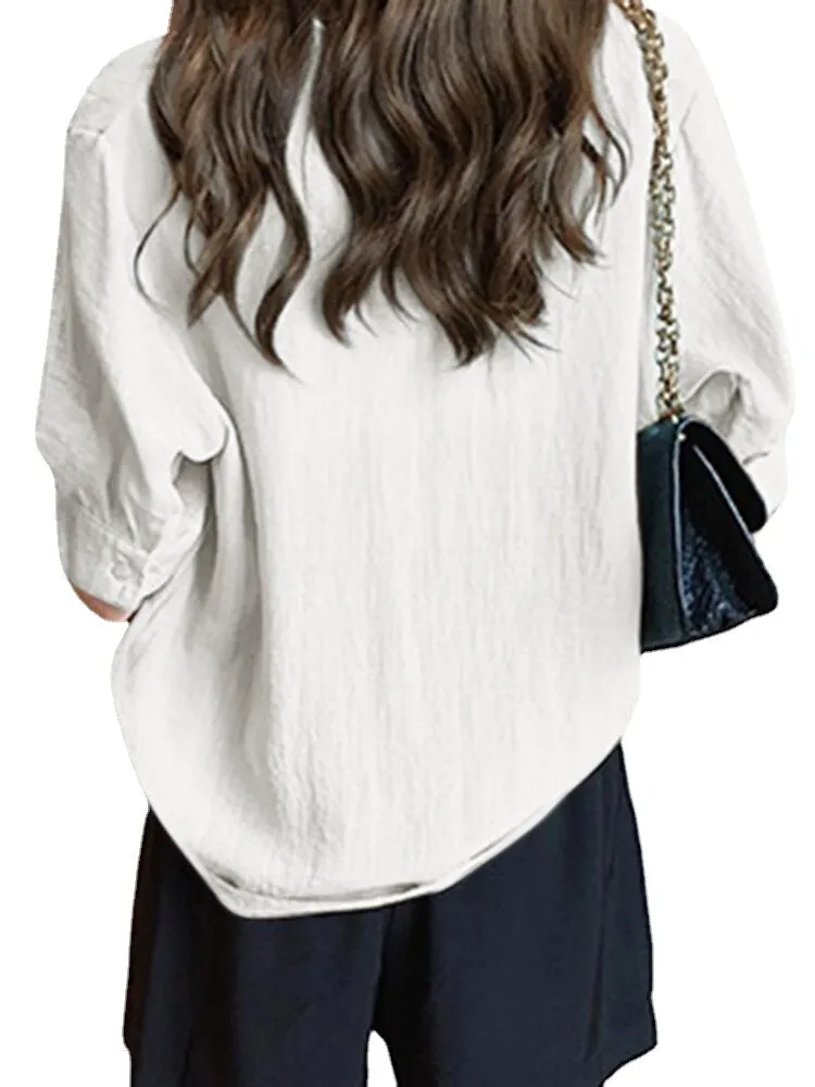 Solid V-neck Half Sleeve Button Blouse For Women