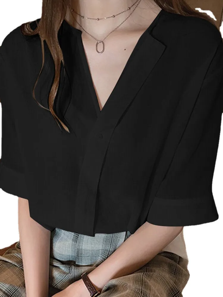 Solid V-neck Half Sleeve Button Blouse For Women