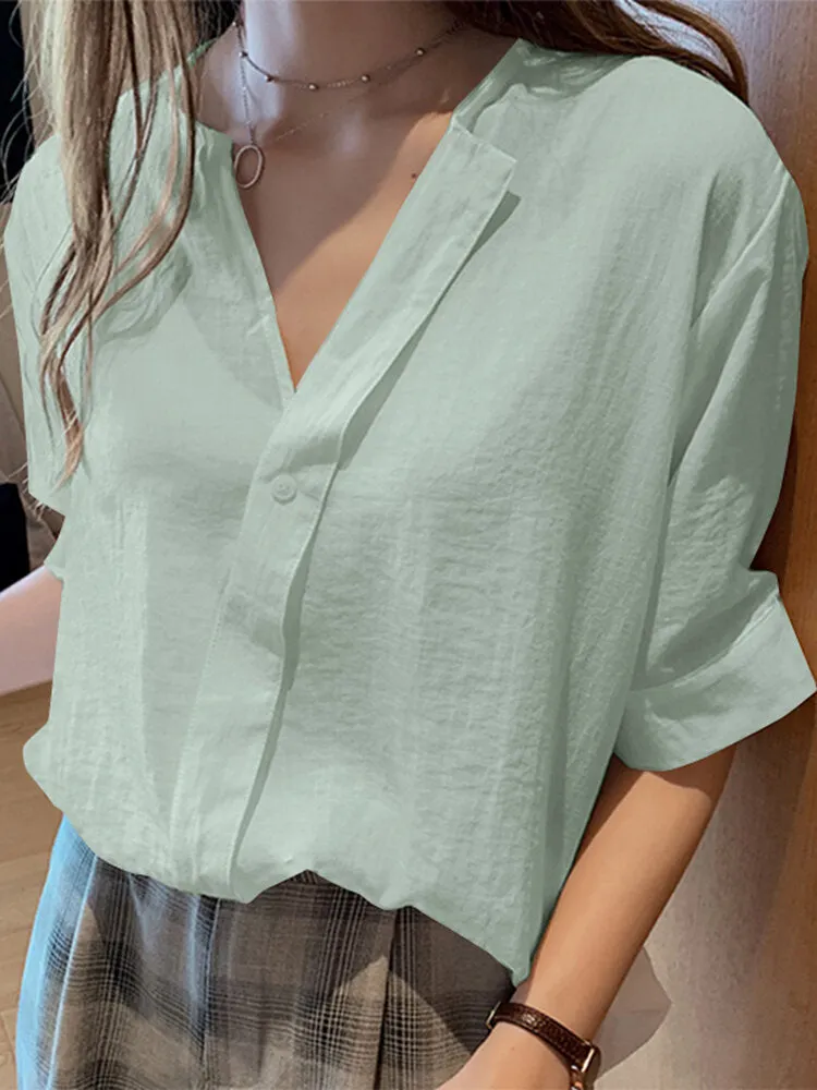 Solid V-neck Half Sleeve Button Blouse For Women