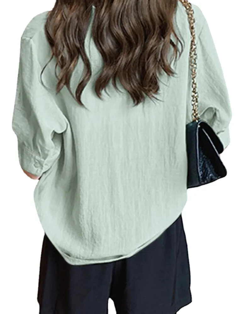 Solid V-neck Half Sleeve Button Blouse For Women