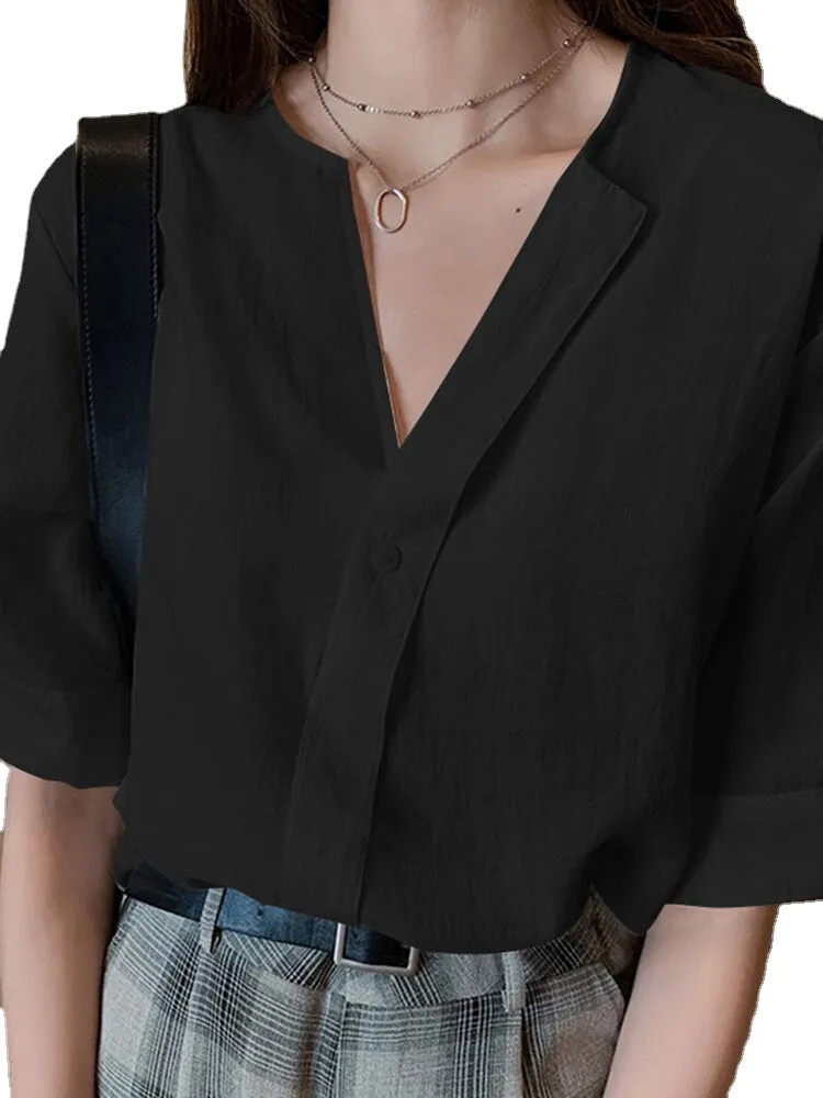 Solid V-neck Half Sleeve Button Blouse For Women