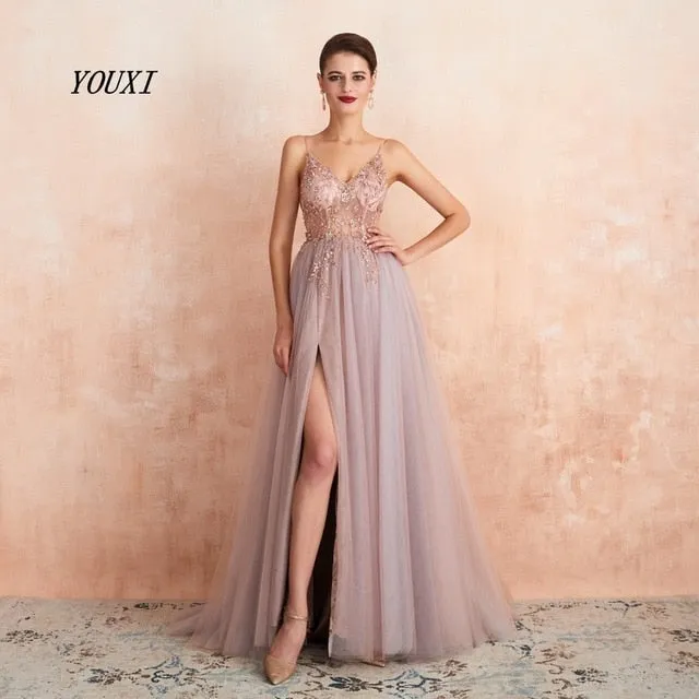 Spaghetti Straps Evening New Arrival V-Neck Rhinestones Beading Formal Prom Gowns with Slit Dresses