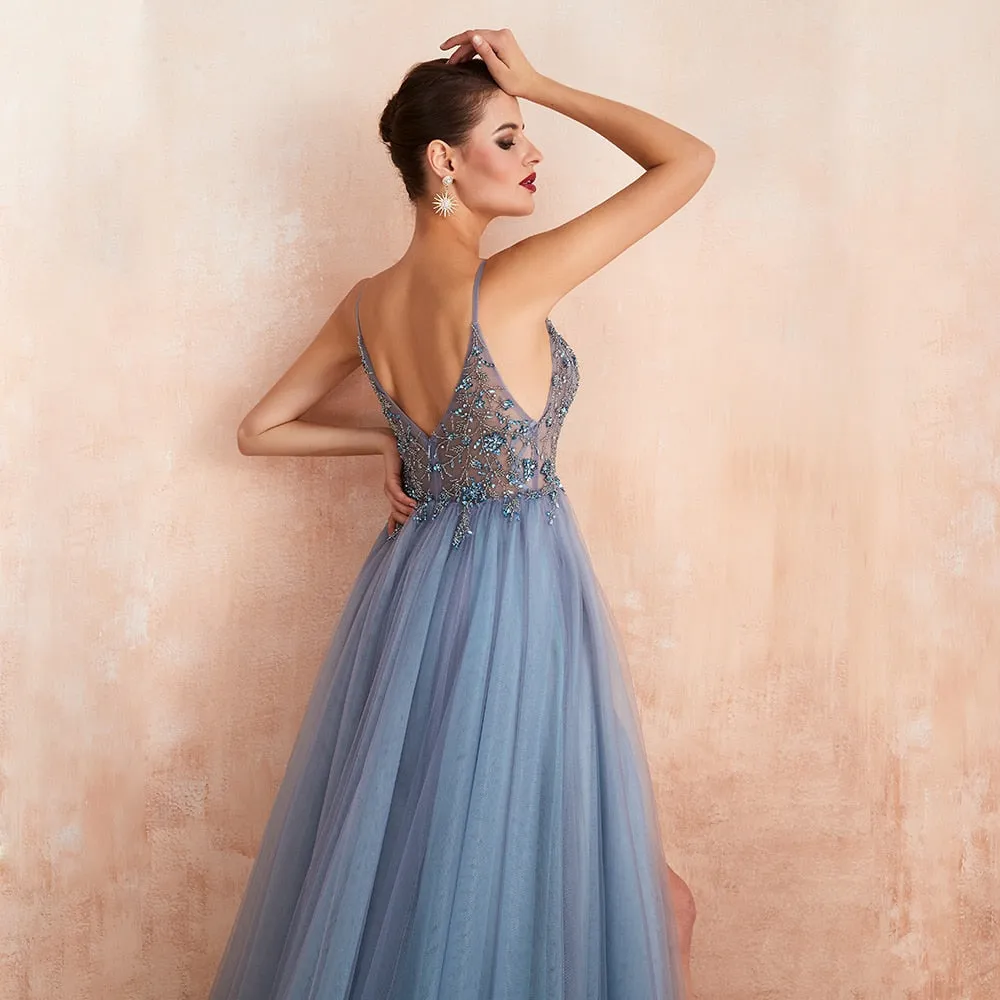 Spaghetti Straps Evening New Arrival V-Neck Rhinestones Beading Formal Prom Gowns with Slit Dresses