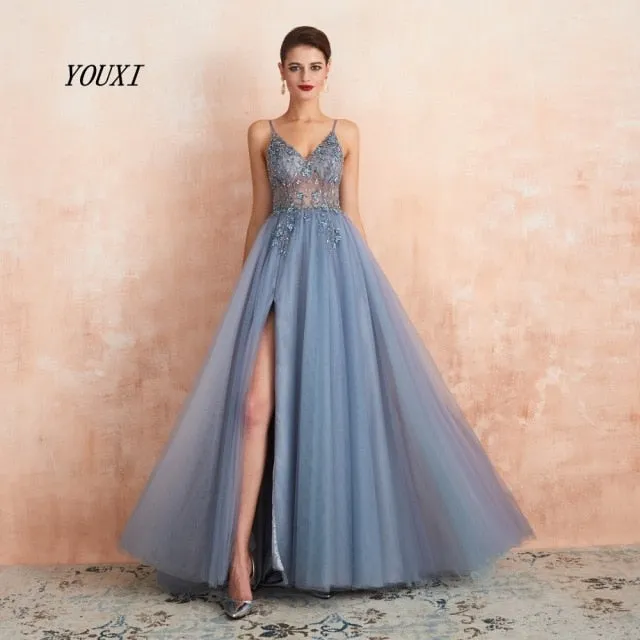 Spaghetti Straps Evening New Arrival V-Neck Rhinestones Beading Formal Prom Gowns with Slit Dresses