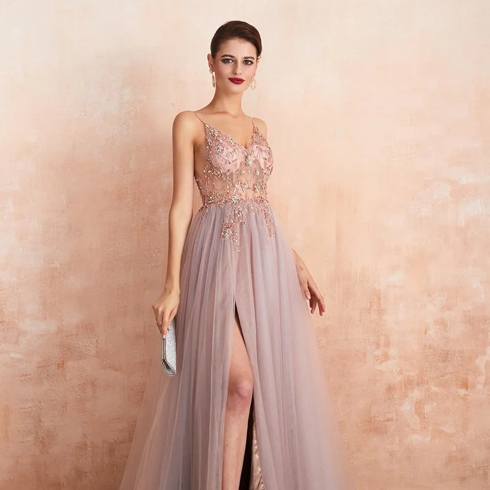 Spaghetti Straps Evening New Arrival V-Neck Rhinestones Beading Formal Prom Gowns with Slit Dresses