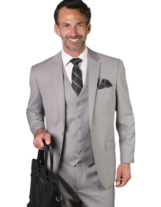 STATEMENT LIGHT GRAY MEN'S TAILORED-FIT 3PC SUIT VESTED 100% WOOL