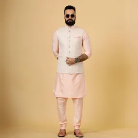 Stunning Peach Thread Embroidered Half Jodhpuri Jacket with Peach Kurta-Pajama for Men