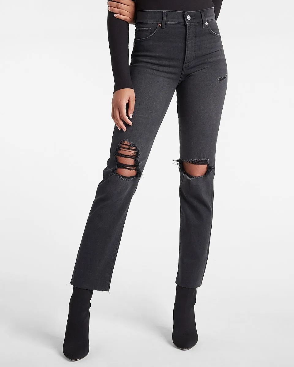 Super High Waisted Black Ripped Modern Straight Jeans in Pitch Black