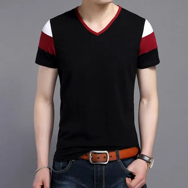 Three Color Striped V Neck Tees