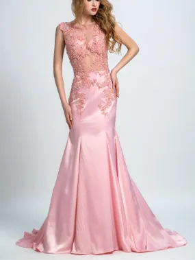 Trumpet/Mermaid Illusion Sweep Train Satin Appliqued Evening Dresses 2890