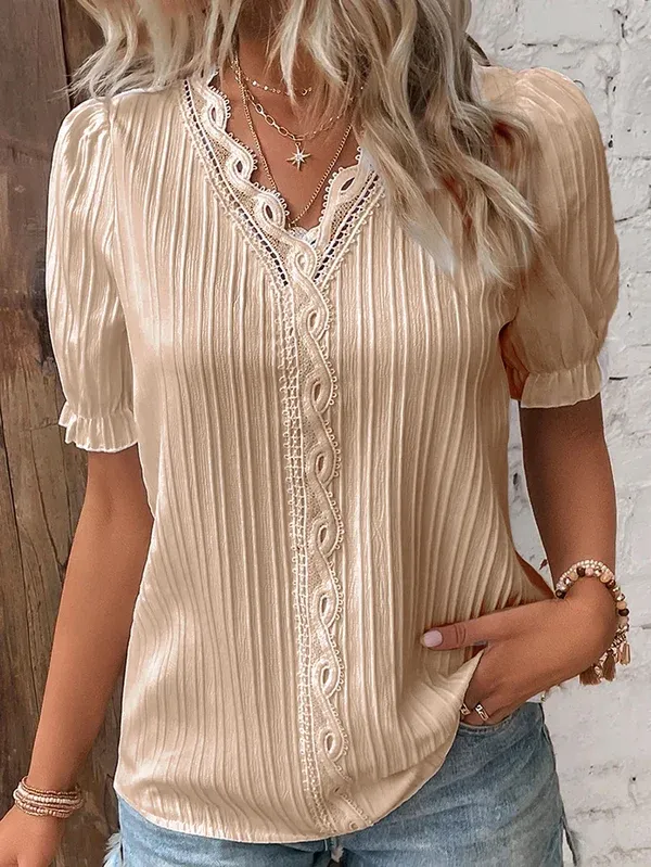 V-Neck Plain Lace Elegant Shirt