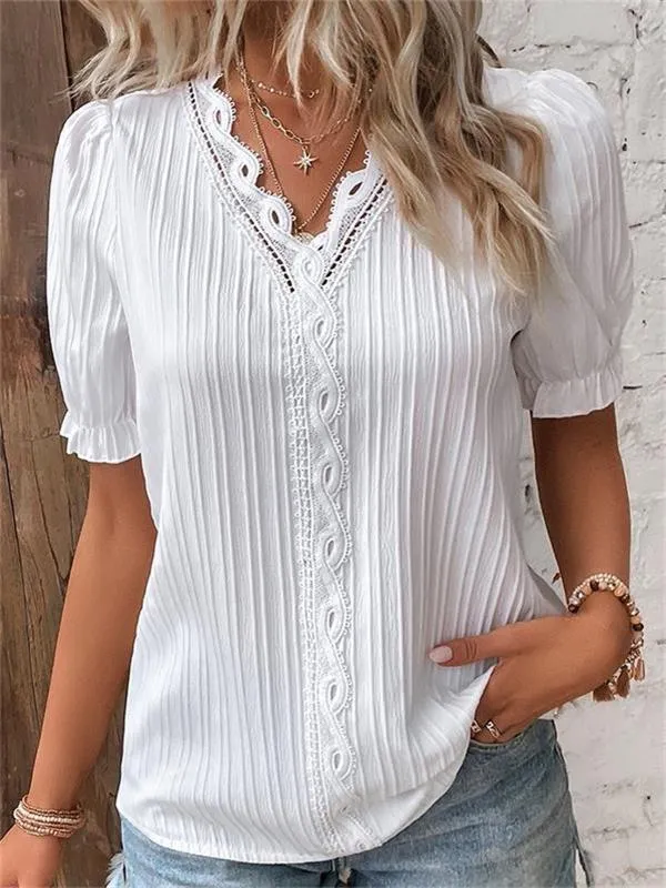 V-Neck Plain Lace Elegant Shirt