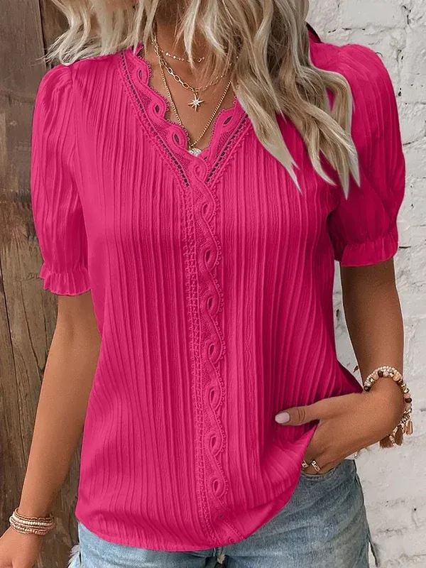 V-Neck Plain Lace Elegant Shirt