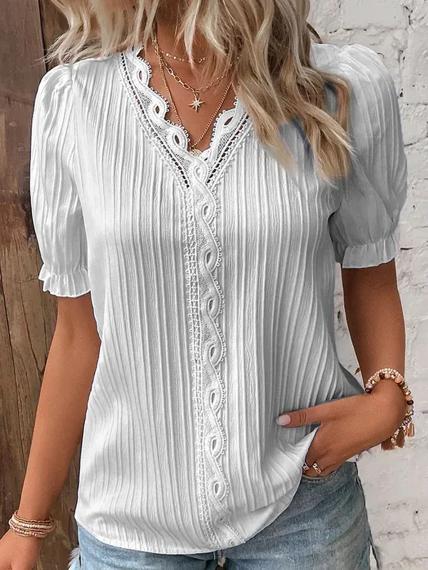 V-Neck Plain Lace Elegant Shirt