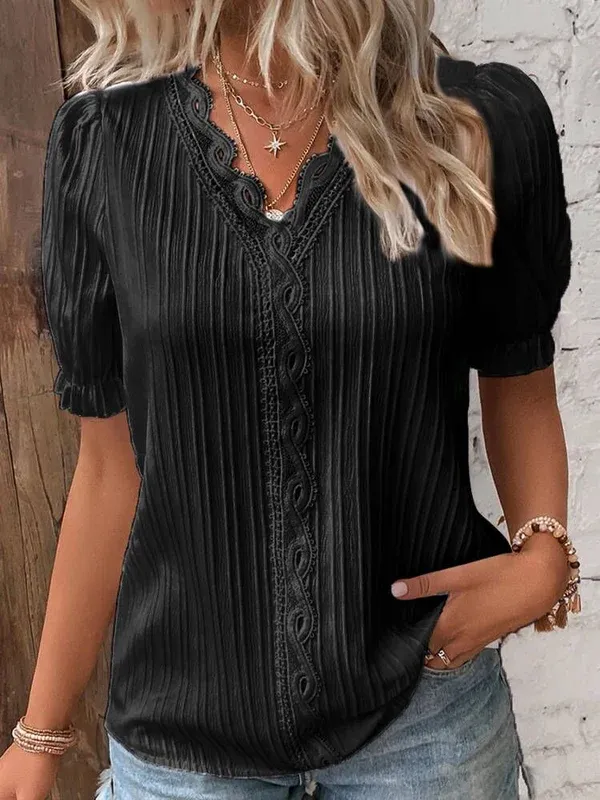 V-Neck Plain Lace Elegant Shirt